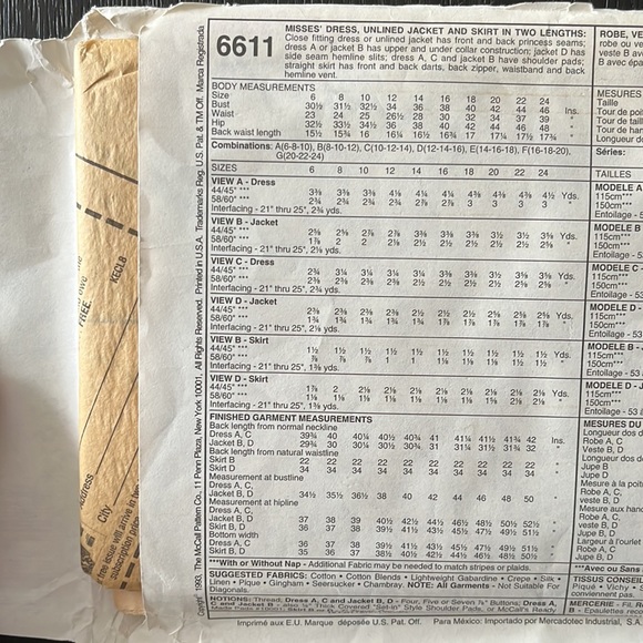 Vintage Dress, Unlined Jacket and Skirt in Two Lengths Sewing Pattern: McCall’s - Picture 2 of 4